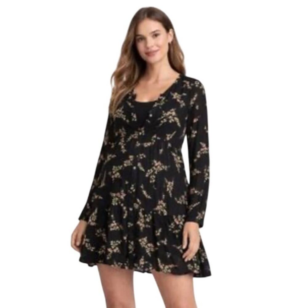 Seraphine Maternity Tiered Dress US 6 Black Floral Long Sleeve Viscose NWT